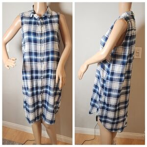 CP Shades 100% Cotton Blue Plaid Sleeveless Button Shirt Dress Size Small